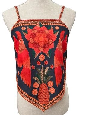 SHEIN Navy Scarf-Style Cami with Orange & Green Parrot Floral Print